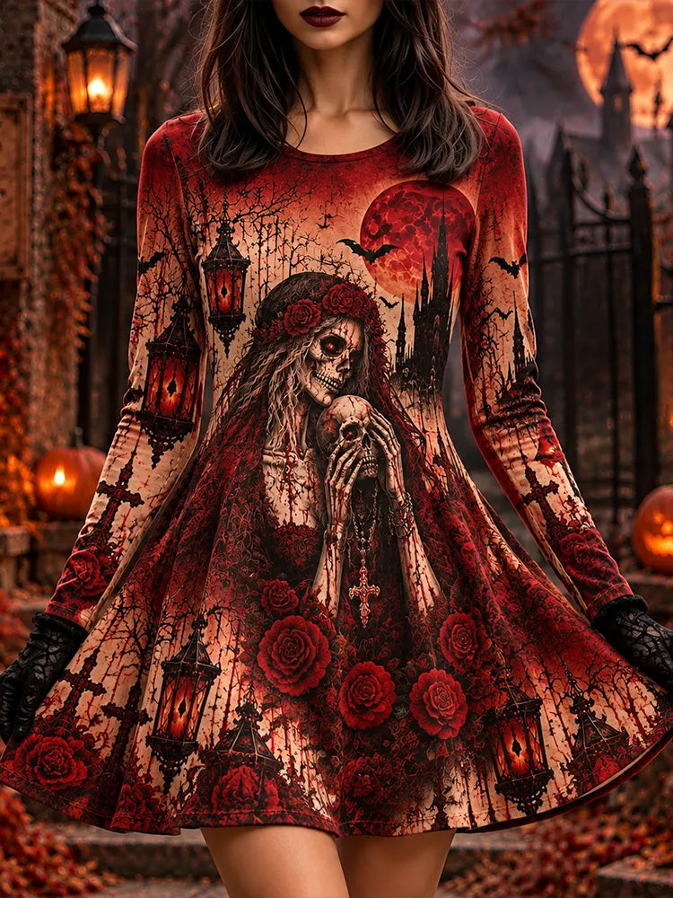 Women's Halloween Spooky Skeleton & Rose Print Long Sleeve Dress