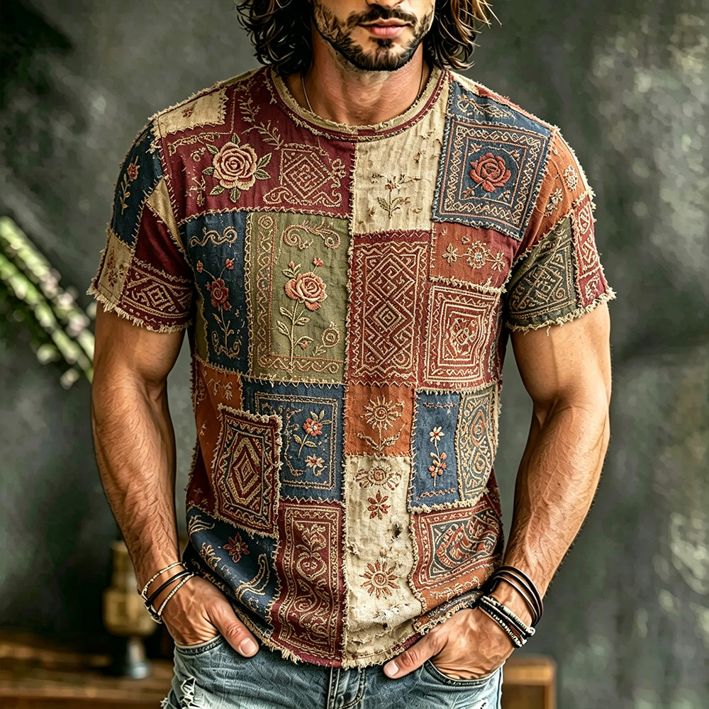 Men's Vintage Floral And Traditional Pattern Patchwork Cotton Linen Crew Neck Top