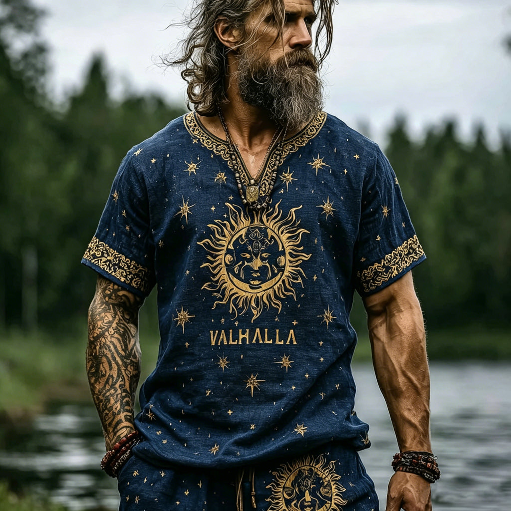 Men's Retro Outdoor Sun And Moon Print Cotton Linen T-shirt