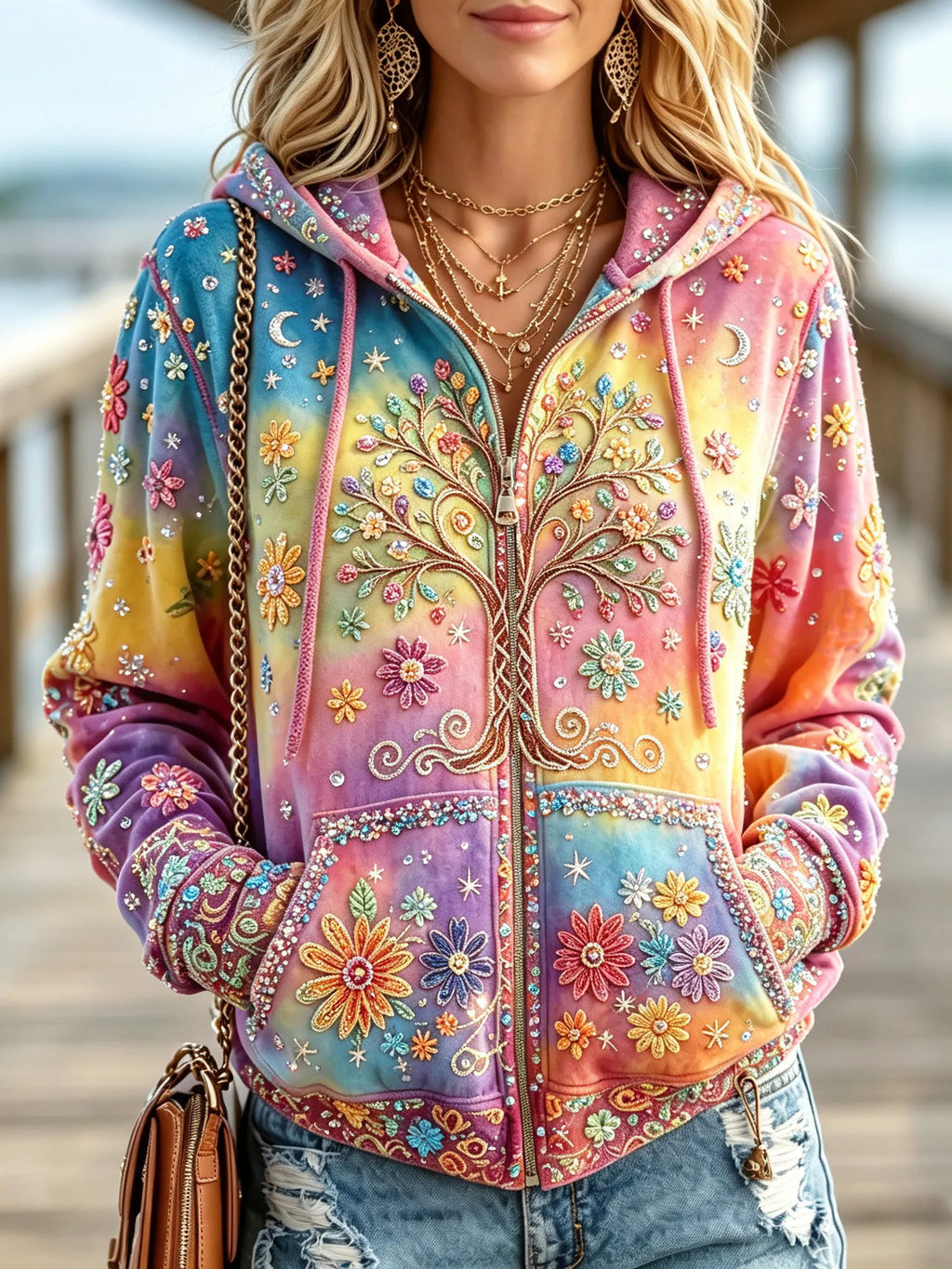 Women's Vintage Hippie Life Of Tree Gradient Art Comfy Zipper Hoodie
