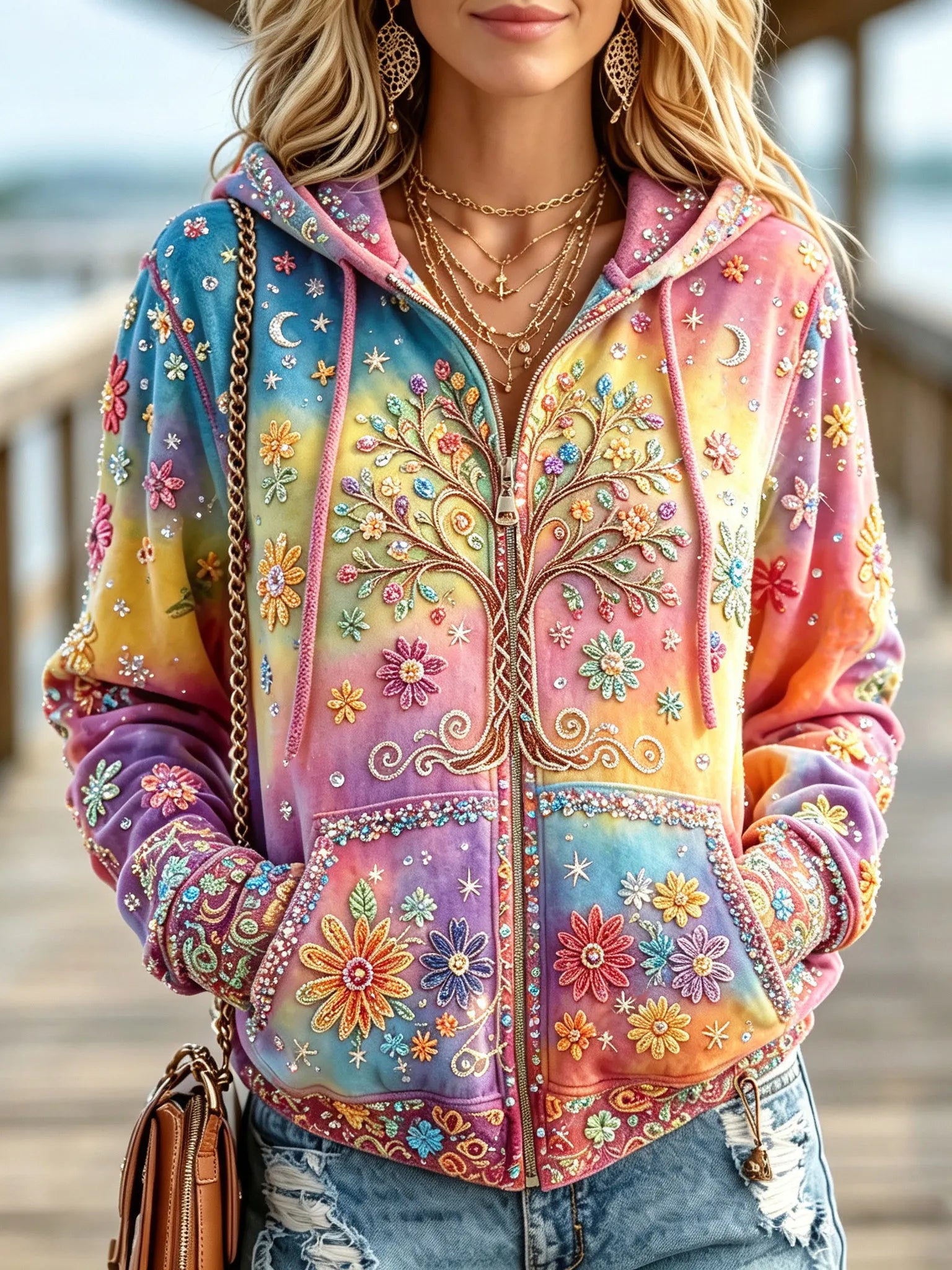 Women's Vintage Hippie Life Of Tree Gradient Art Comfy Zipper Hoodie