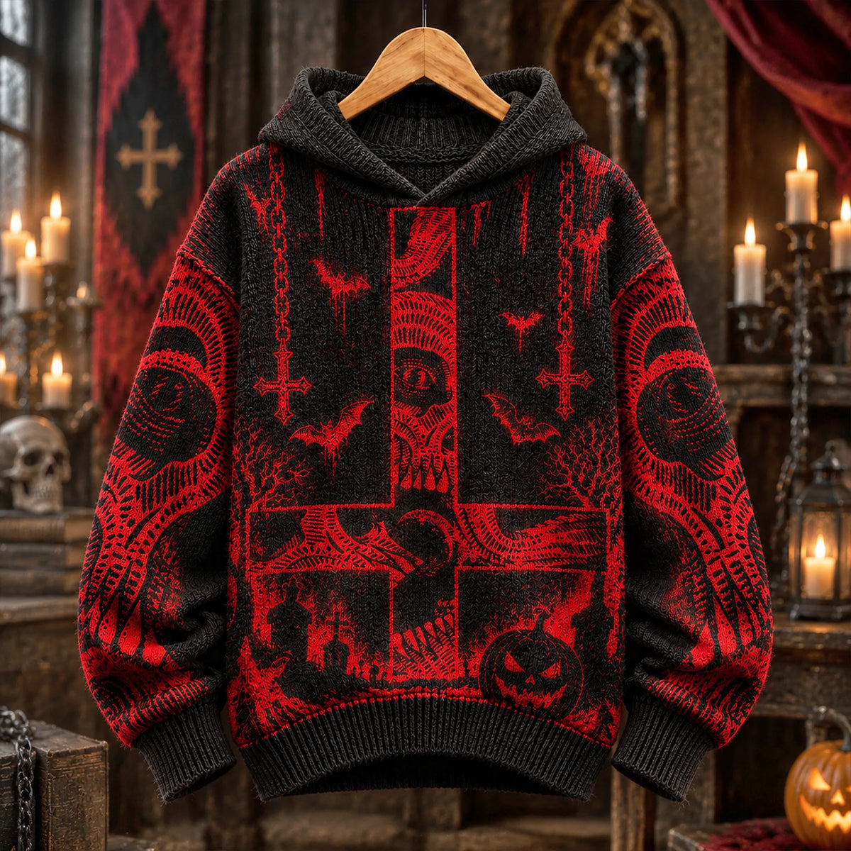 Retro Gothic Dark Halloween Mystery Symbol Red And Black Cross Bat Pumpkin Pattern Hooded Sweater