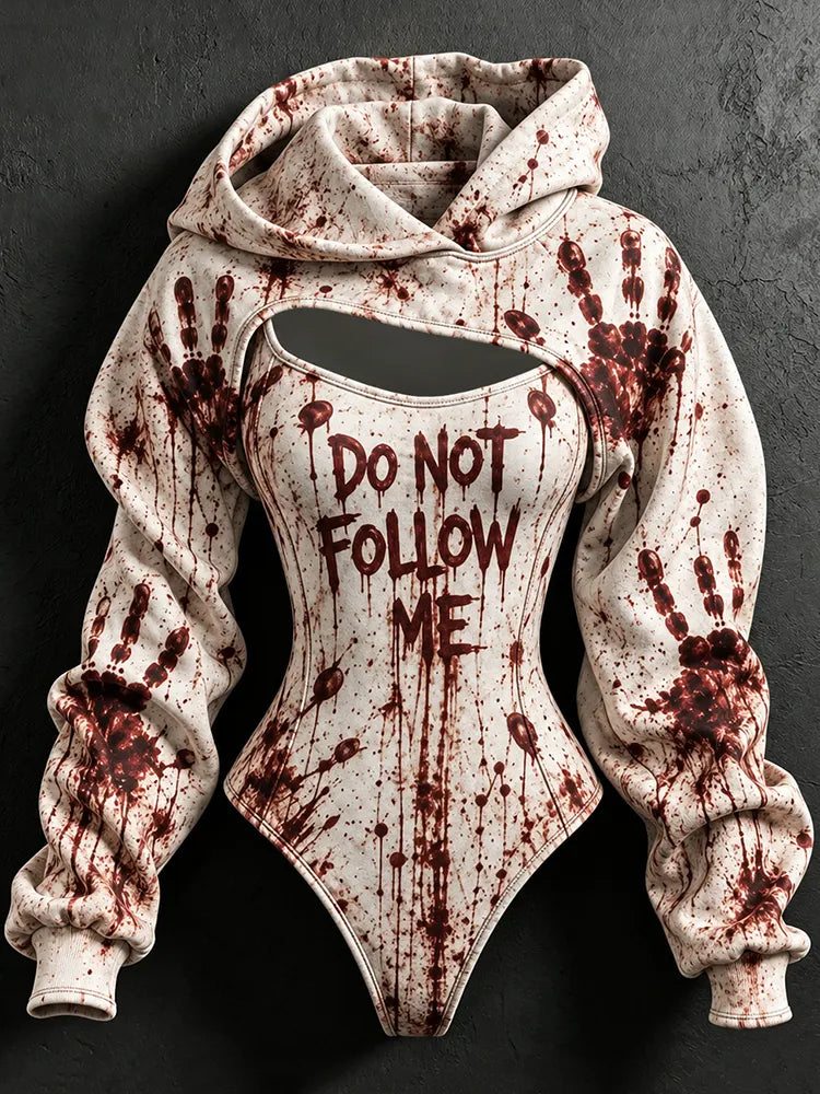 Women's Halloween Do Not Follow Me Print Hoodie Two Piece Set