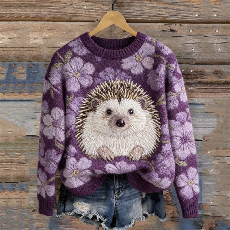 Lovely Hedgehog & Flowers Cozy Knit Sweater