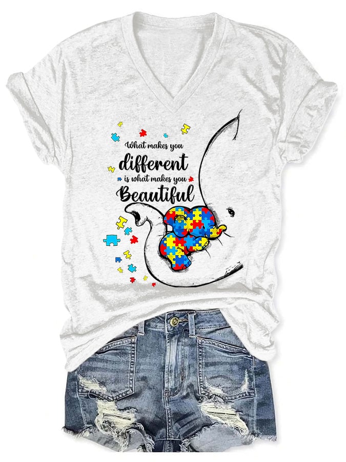 V-neck Autism Awareness What Makes You Different Print T-Shirt