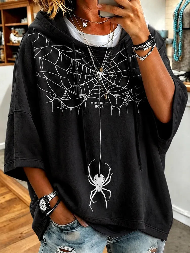 Women's Spider Spinning Silk Art Print Linen Hoodie