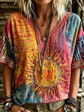 Women's Retro Star And Moon Embroidered Print V-neck Top
