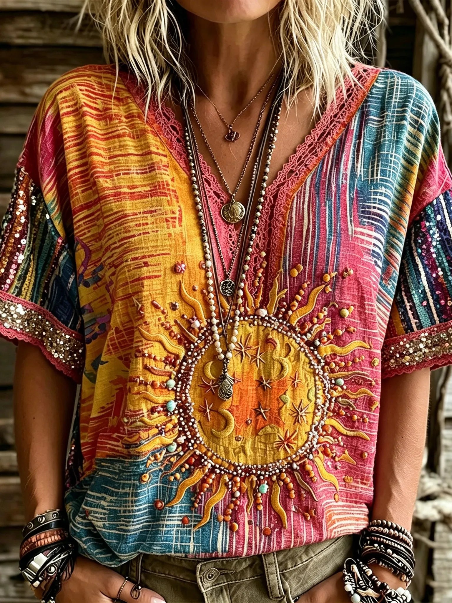 Women's Retro Star And Moon Embroidered Print V-neck Top