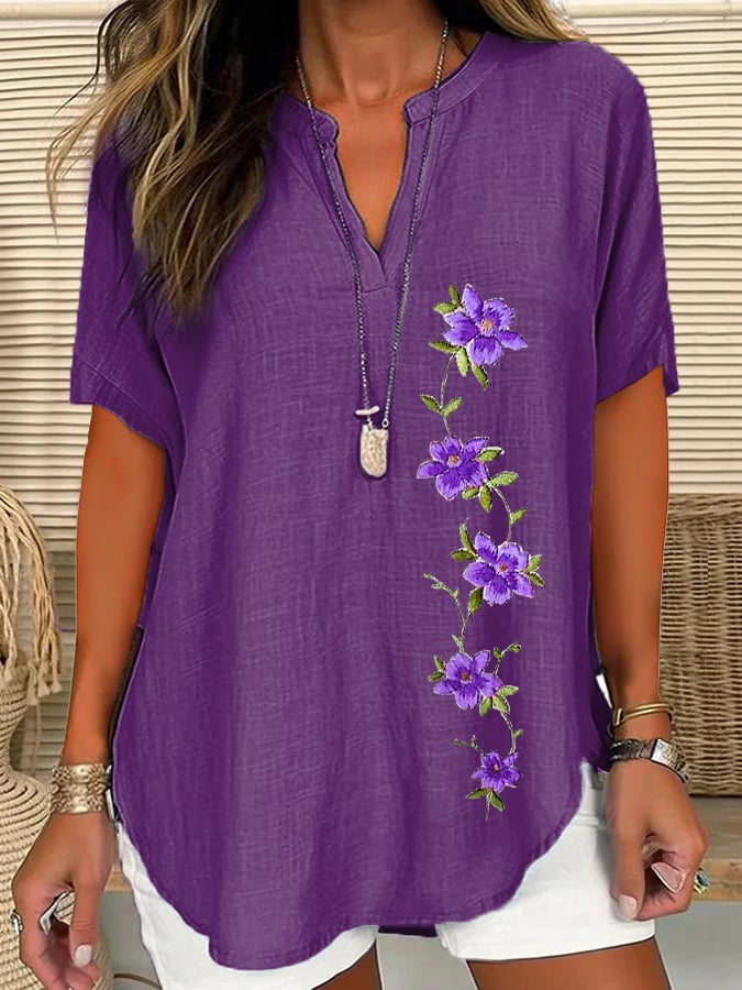Women's Purple Flower Alzheimer's Awareness Support Short Sleeve Shirt