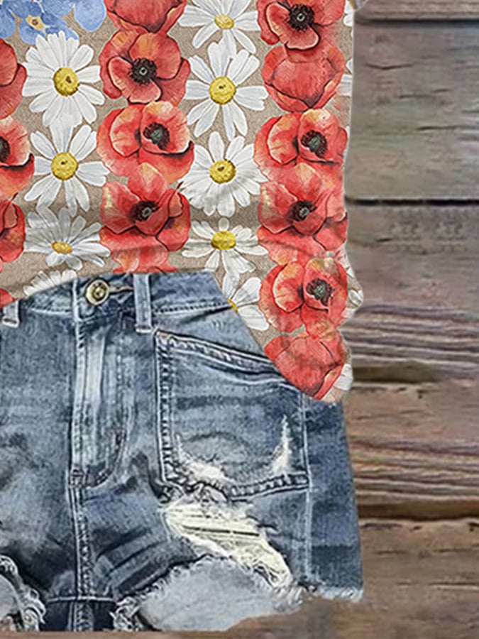 V-Neck Retro Independence Day Patriotic Flower Myosotis & Poppy Print T-Shirt