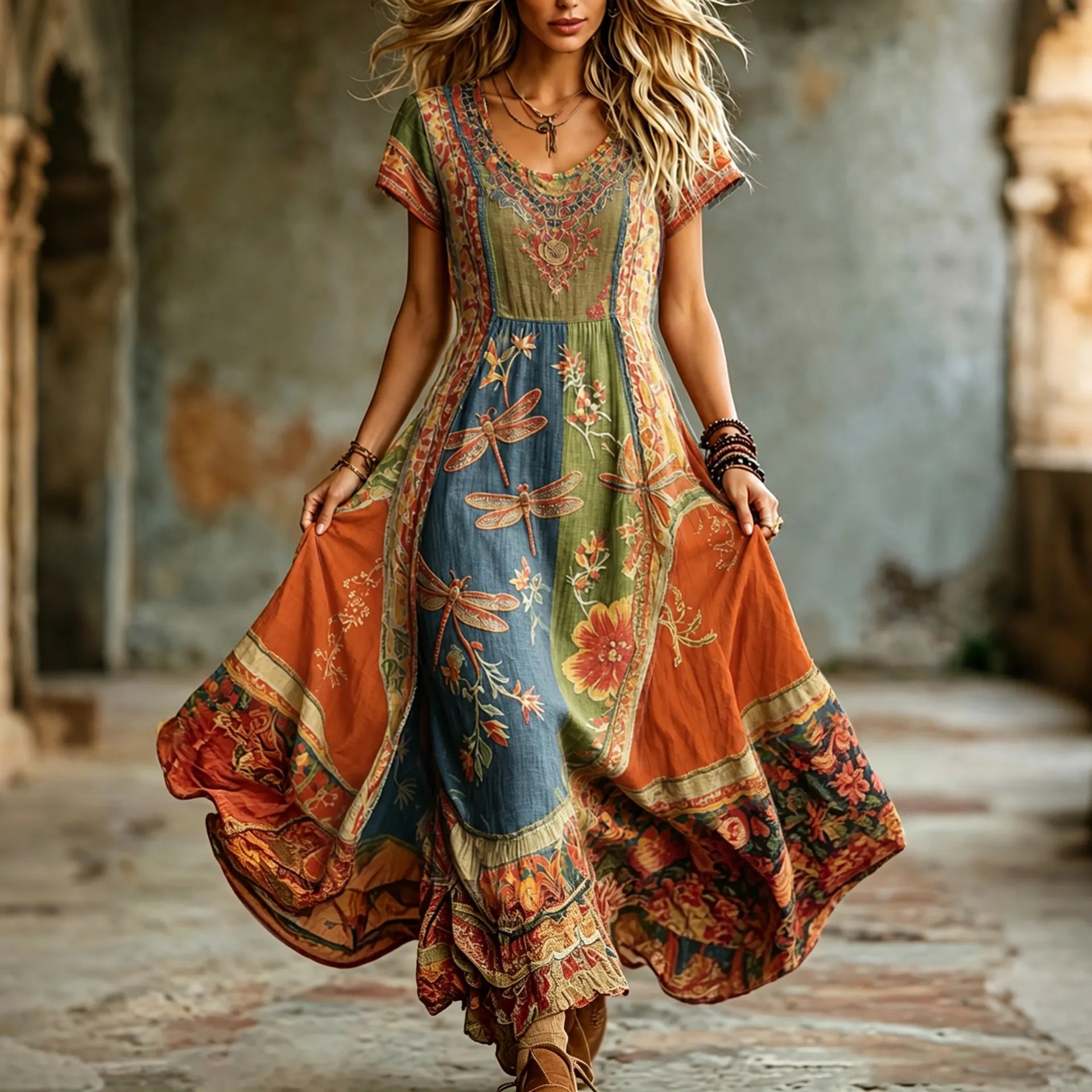Women's Hippie Floral And Dragonfly Pattern Art Embroidered Linen Blend Maxi Dress