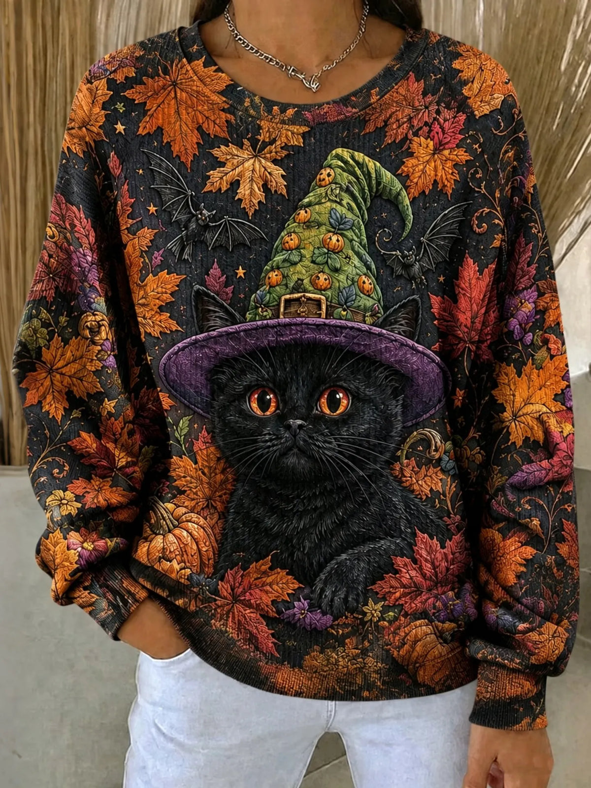 Women's Retro Maple Leaf Black Cat Print Crew Neck Sweater