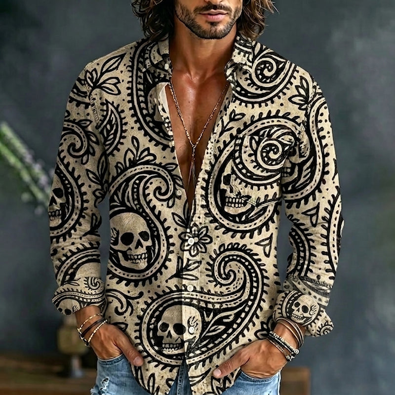 Men's Hippie Skull Paisley Art Print Pocket Long Sleeve Shirt