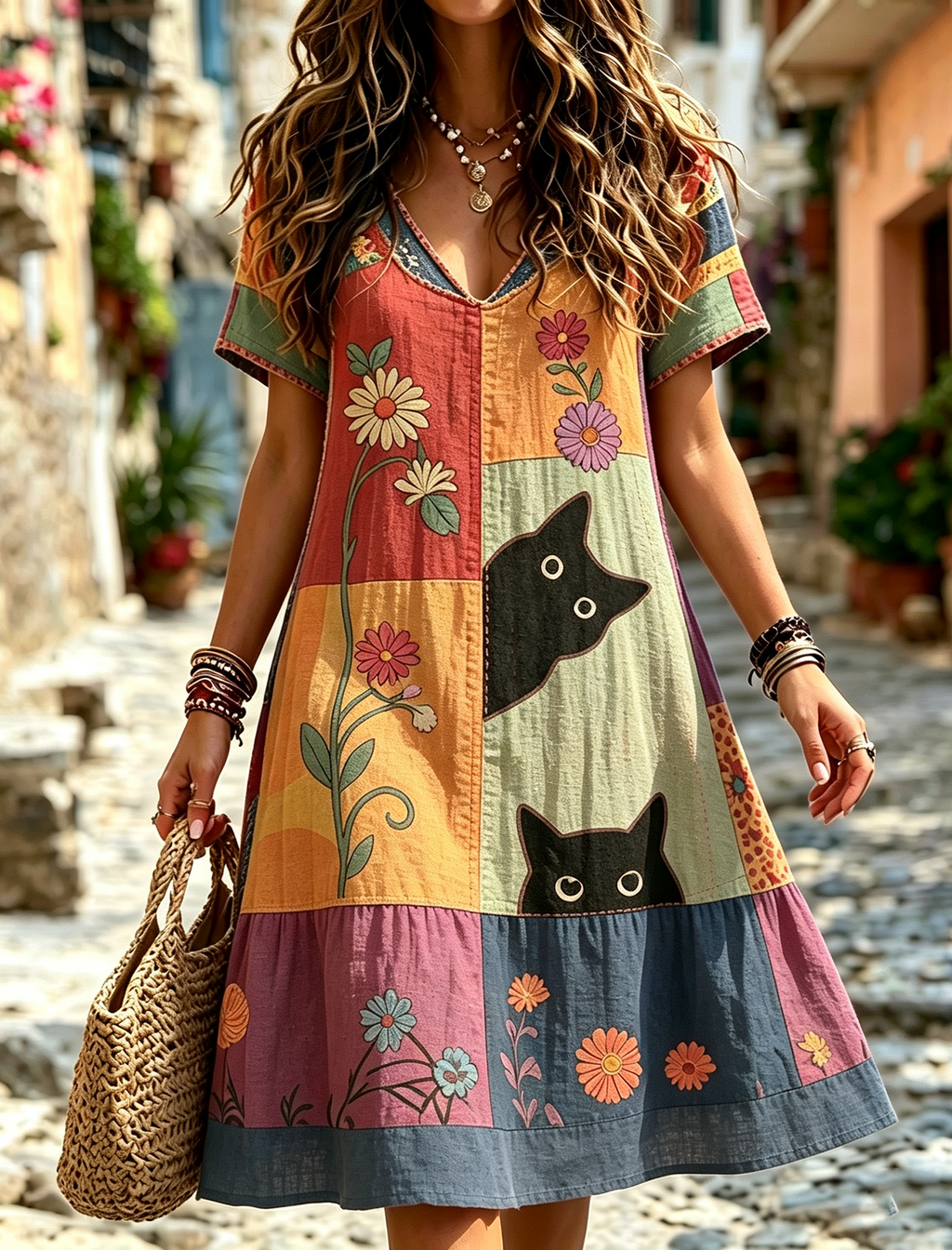 Women's Hippie Black Cat Art Embroidered Linen Blend V Neck Mini Dress