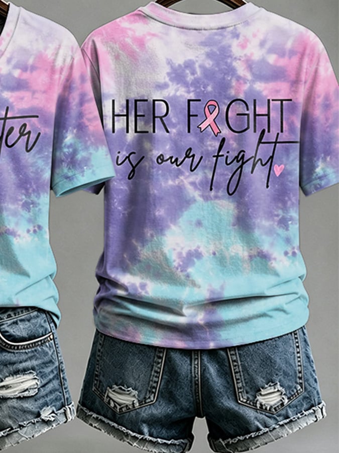 V-Neck Retro Breast Cancer Awareness Tie-Dye Fighter Pink Ribbon Her Fight Is Our Fight Print T-Shirt