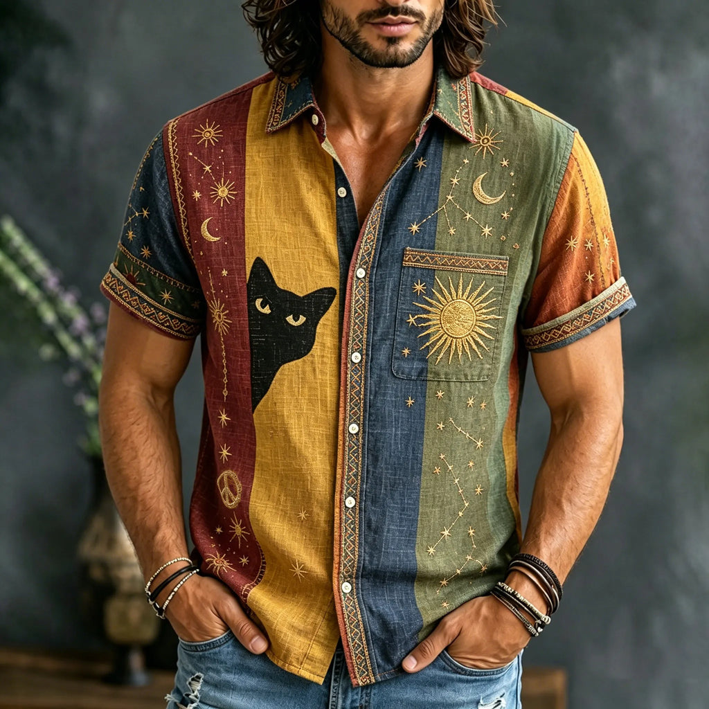 Men's Hippie Hidden Black Cat With Star Sun Moon Pattern Short Sleeve Shirt