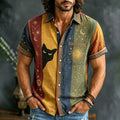 Men's Hippie Hidden Black Cat With Star Sun Moon Pattern Short Sleeve Shirt