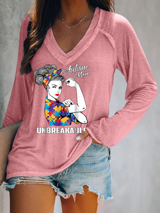Women'S Autism Mom Unbreakable V Neck Sleeve T-Shirt