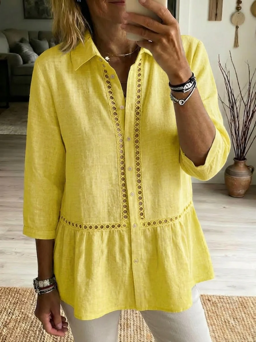 Women’s Casual Patchwork Openwork Webbing Linen And Cotton Shirt