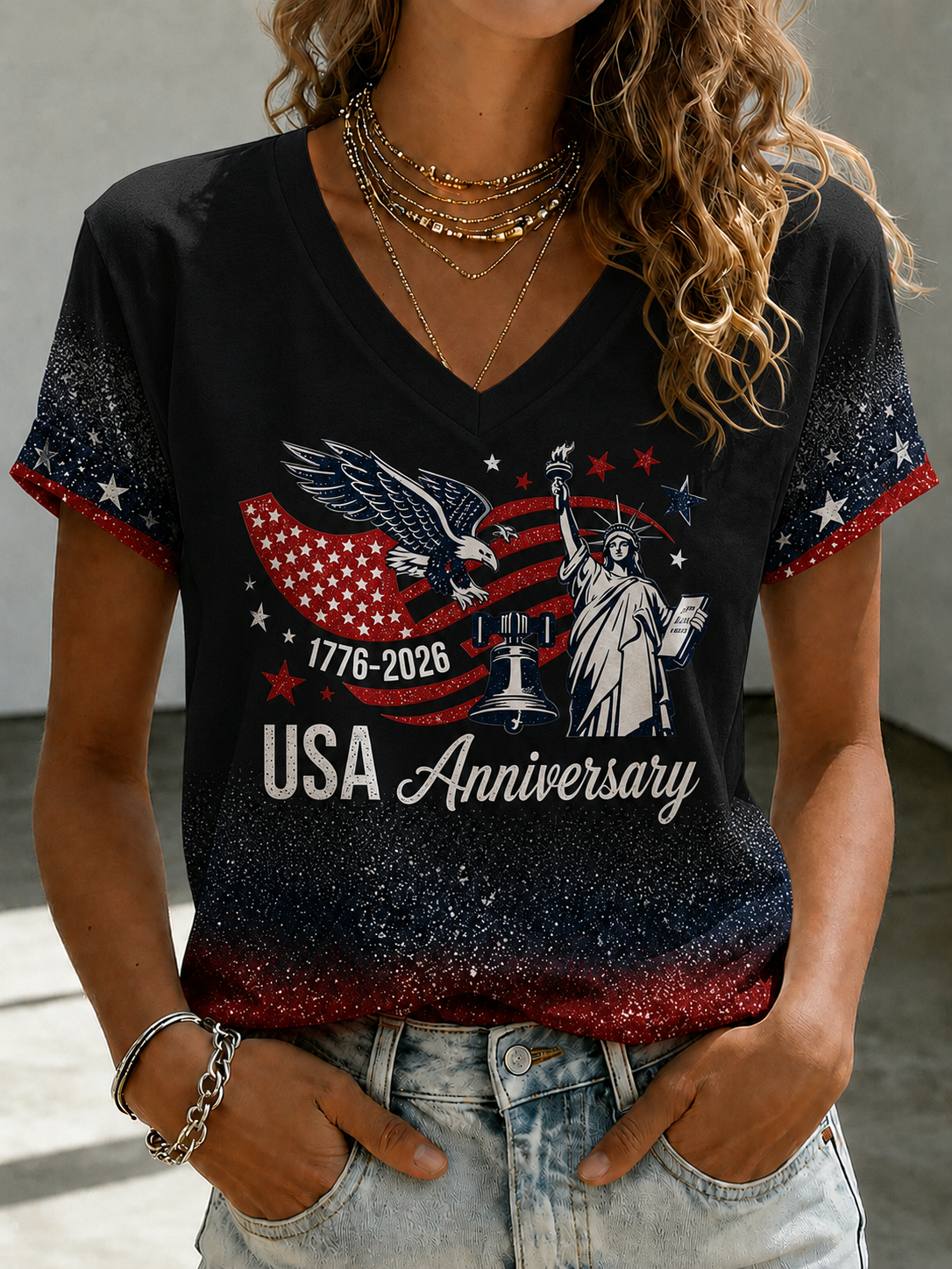 Women'S Retro Flag Art Printed Casual Short Sleeved T-Shirt