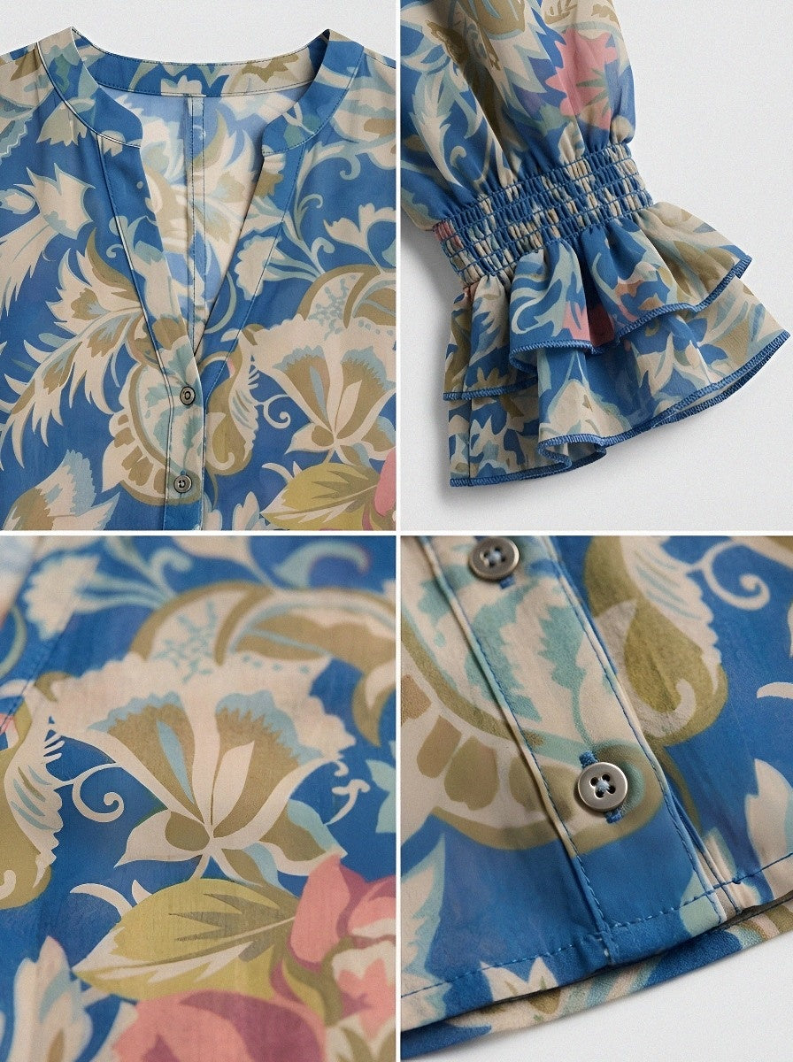 Women's Western Vintage Floral Paisley Printed Ruffle Sleeve Top