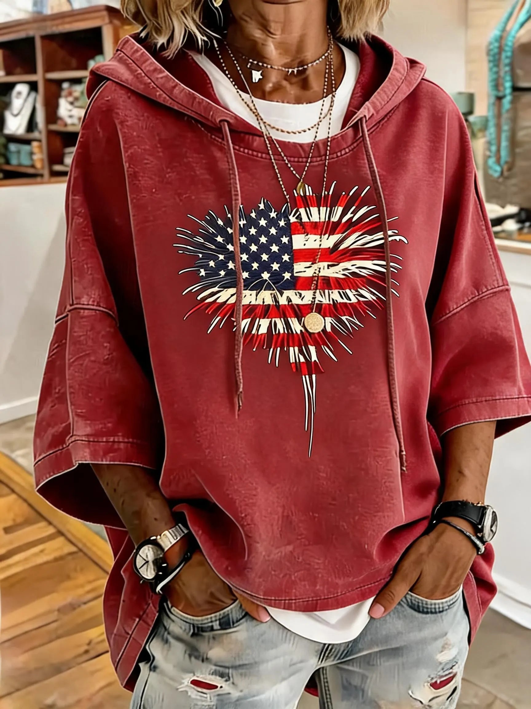 Patriotic Red American Stars And Stripes Fireworks Oversized Hoodie