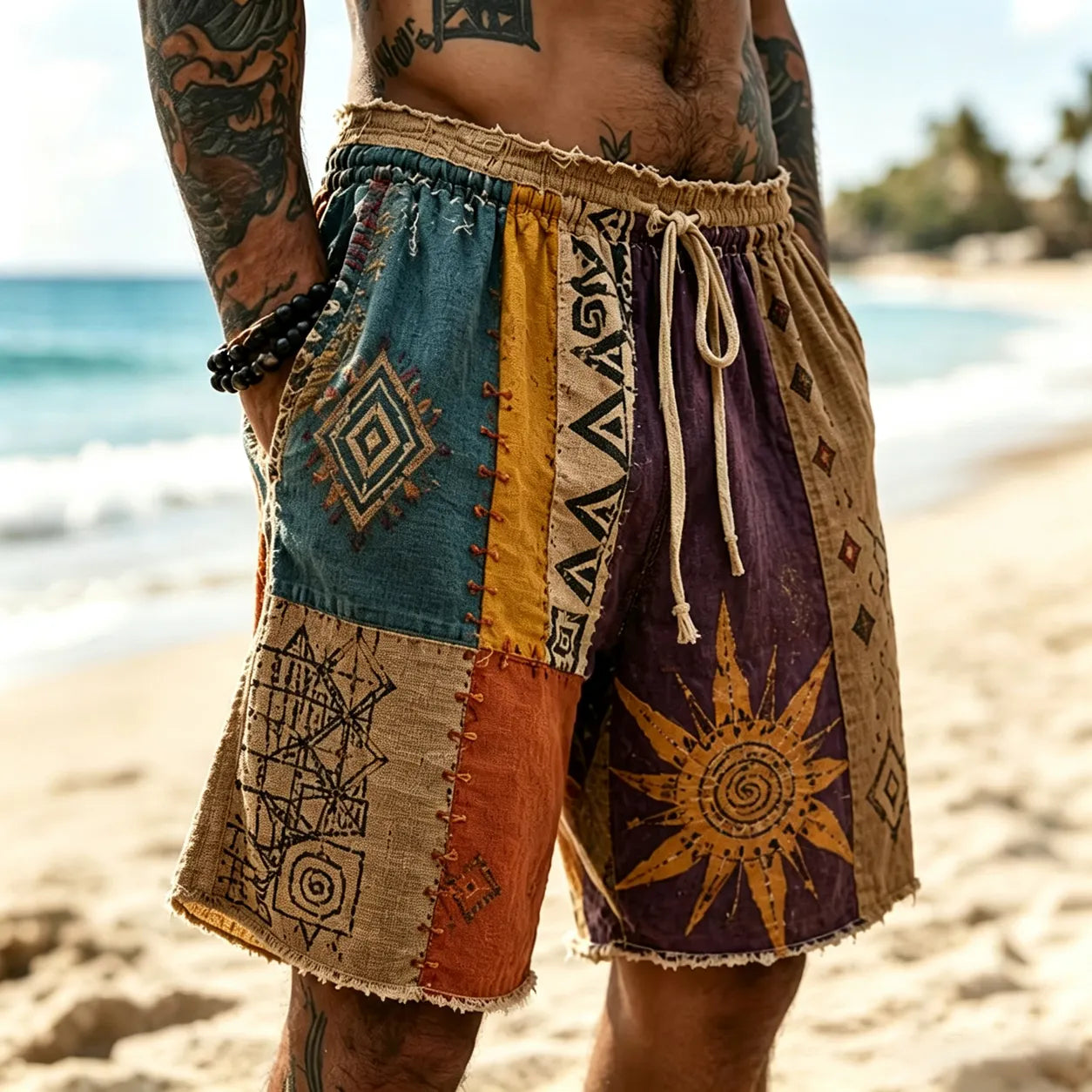Men's Hippie Sun With Geometry Patchwork Print Casual Shorts