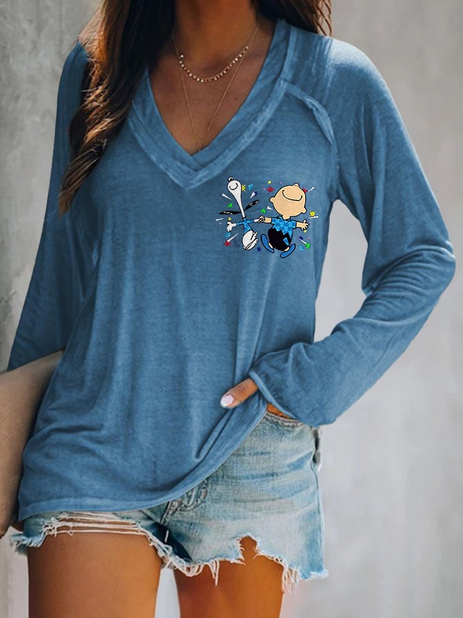 V-neck Retro Autism Awareness I Wear Blue For Autism Print T-Shirt