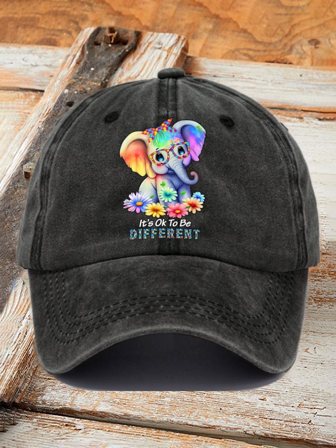 Retro Autism Awareness Elephant It's Ok To Be Different Print Baseball Cap