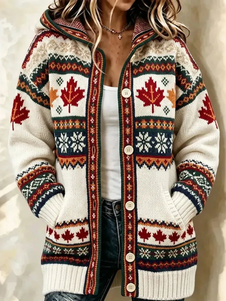 Women's Vintage Maple Leaf Jacquard Knit Cozy Hooded Cardigan
