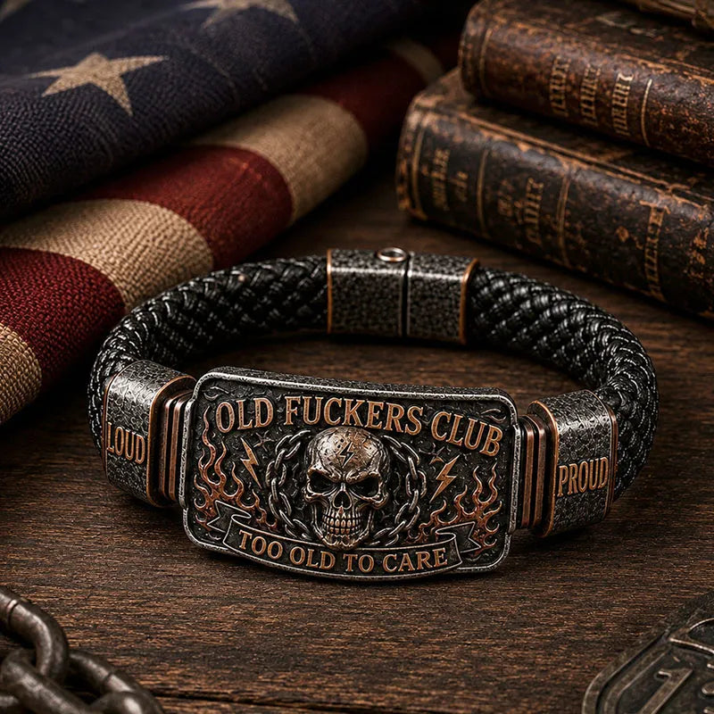 Old Fuckers Club Men’s Vintage Skull Flame Biker Braided Bracelet Gift Set