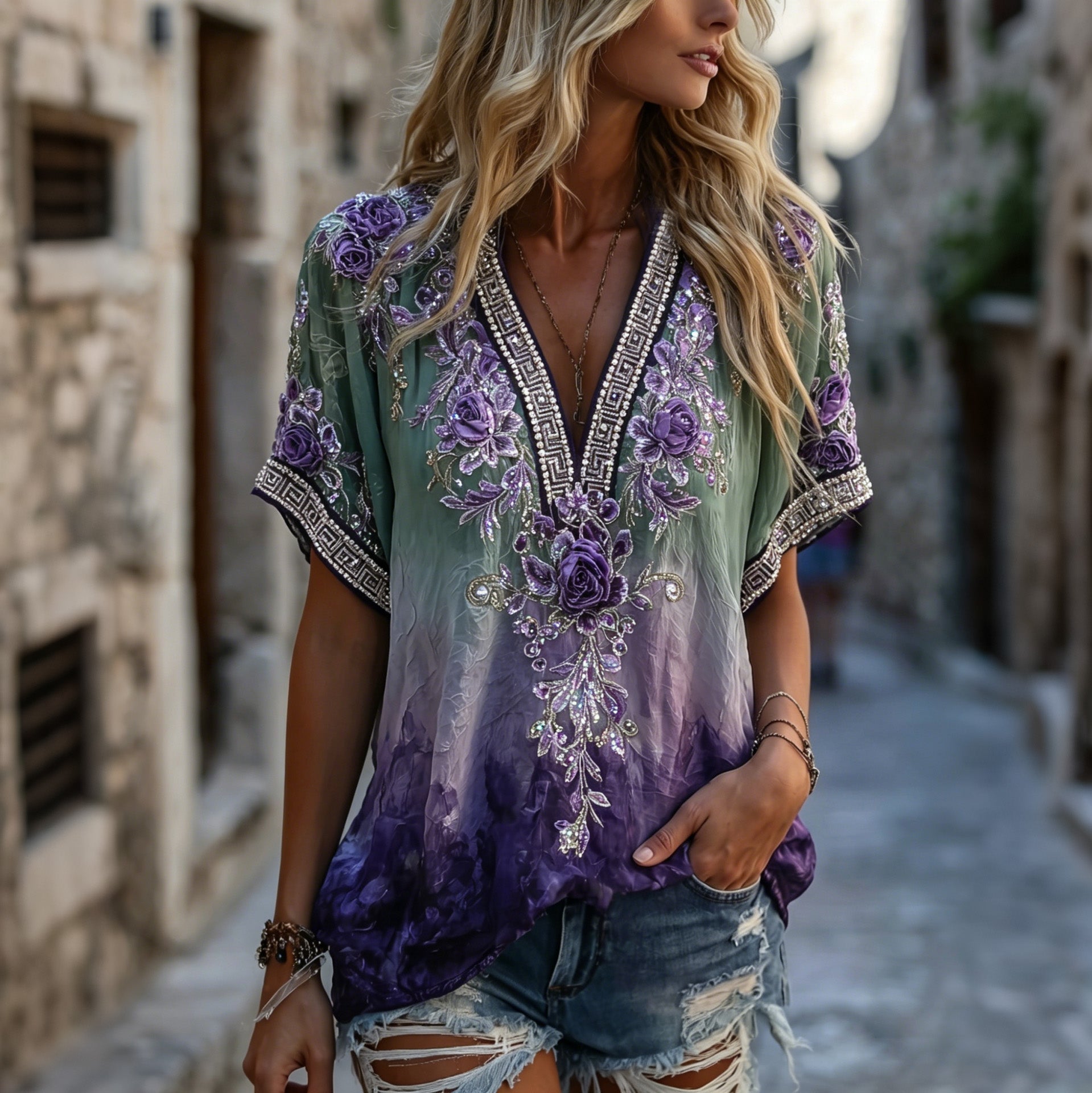 Classy Gradient Purple Lavender And Floral Art Linen Blend Loose Shirt