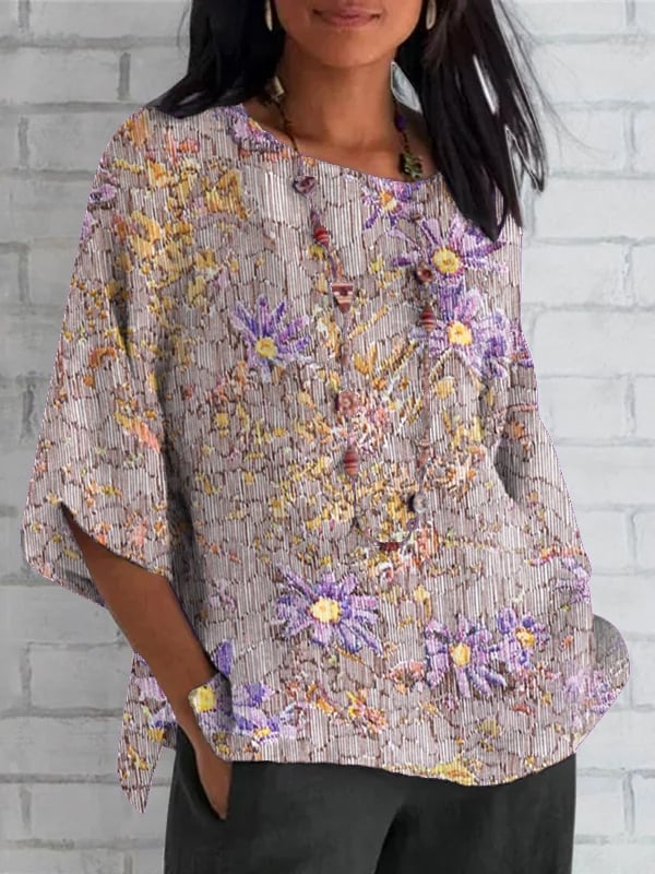 Women's Round Neck Purple Floral Print Round Neck Loose Shirt