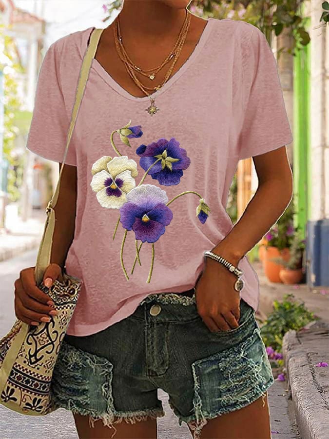 Women's Alzheimer's Purple Floral V-Neck T-Shirt
