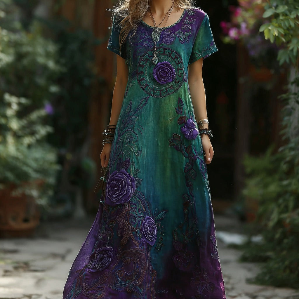 Women's Vintage Floral Embroidery Gradient Pattern Round Neck Maxi Dress