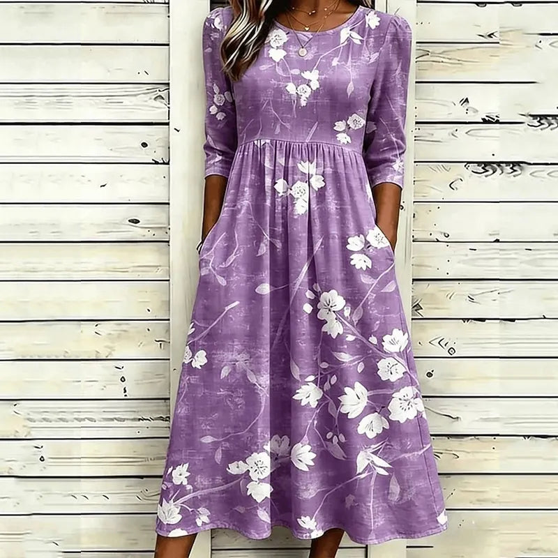 Women's Retro Floral Art Print Cotton Linen Casual Dress