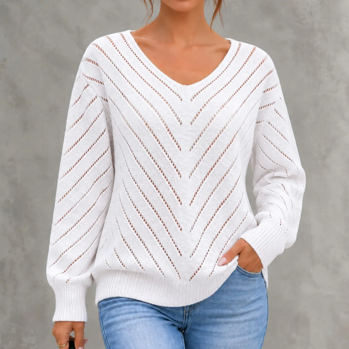Elegant Openwork Long-sleeved Pullover Sweater