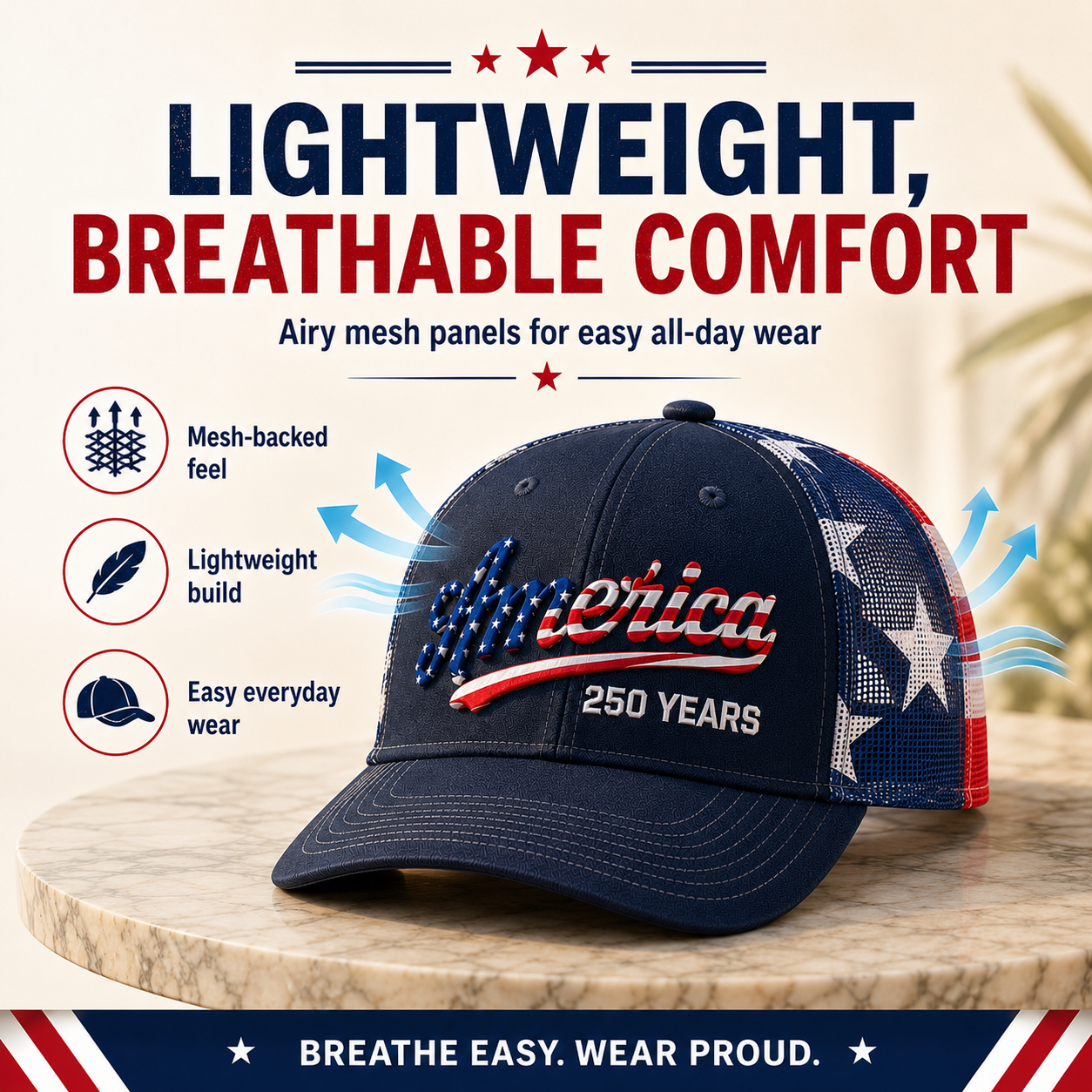 ❤️ 🇺🇸 America 250 Years Patriotic Embroidered Mesh Trucker Cap