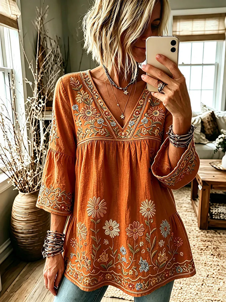Women's Retro Hippie Floral And Dragonfly Art Flowy Linen Blend Three Quarter Sleeves T-shirt