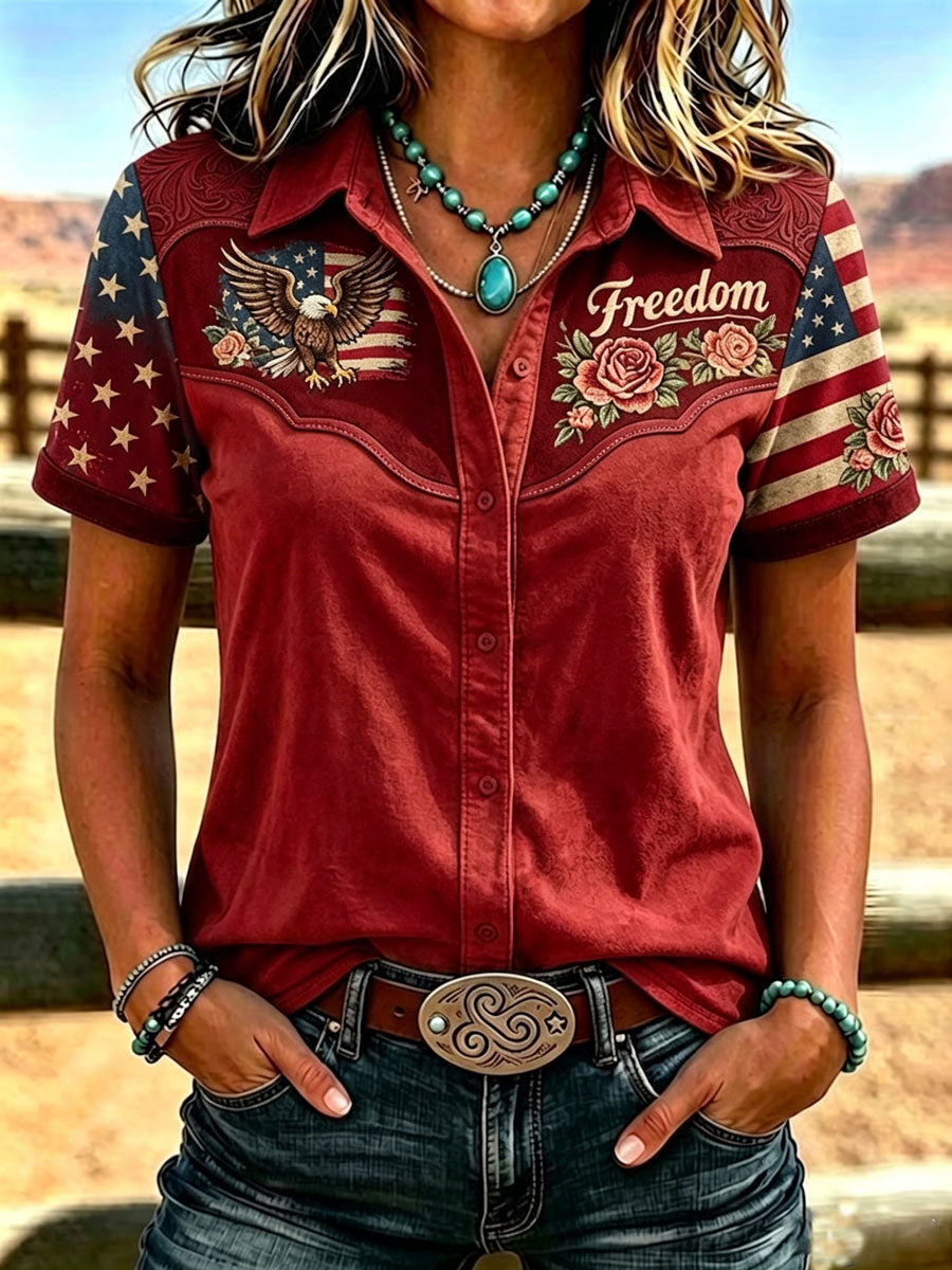 Women'S Retro Western Style Printed Short Sleeved Shirt