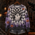 Women's Halloween 3d Ghost Checkered Crewneck Sweatshirt
