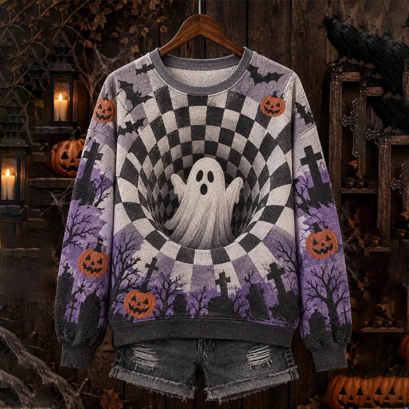 Women's Halloween 3d Ghost Checkered Crewneck Sweatshirt