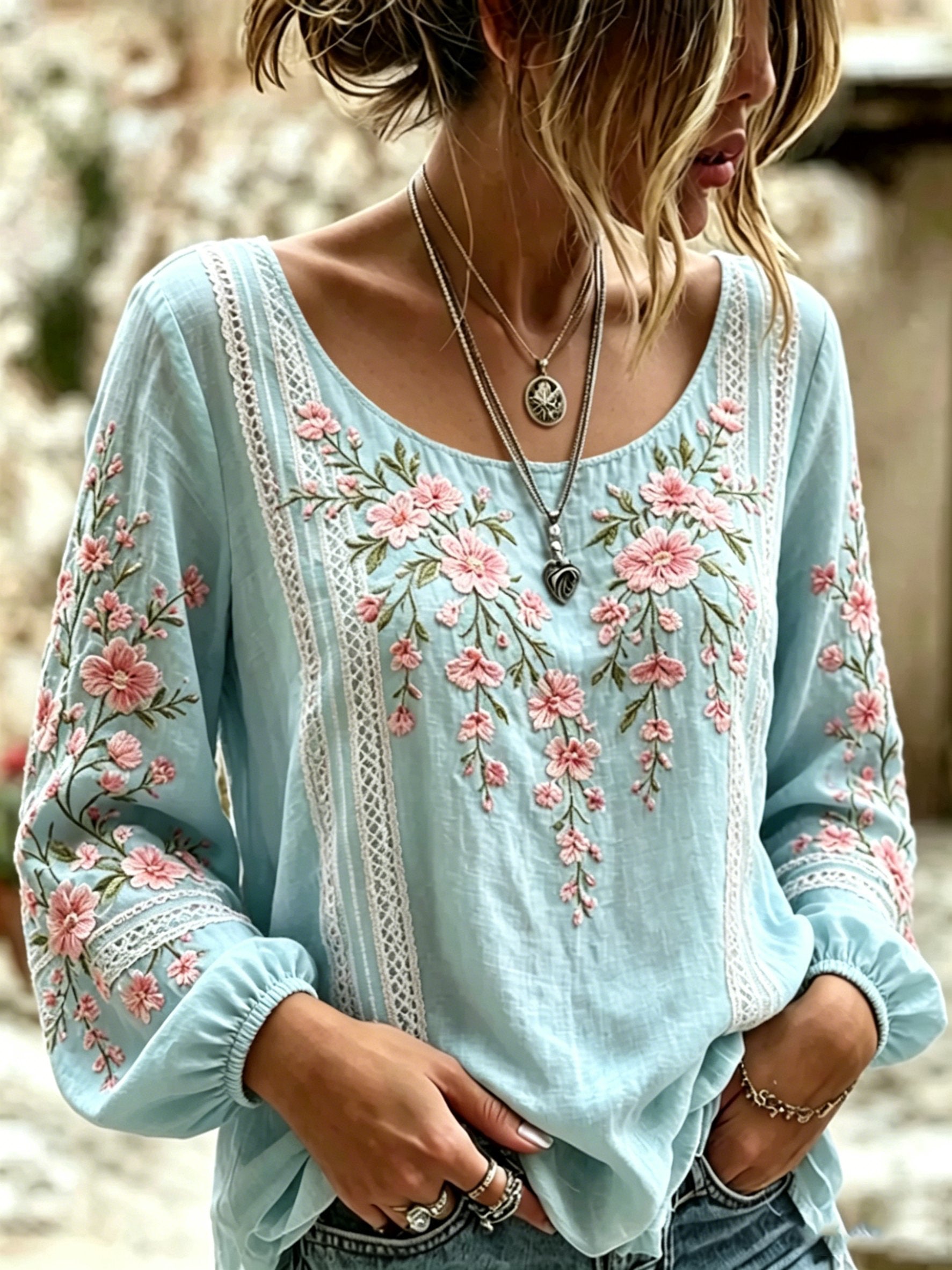 Women's Retro Breast Cancer Floral Print Long-Sleeved Top