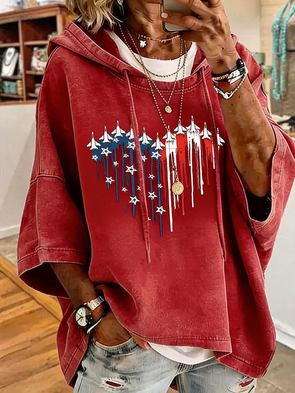 Patriotic Jet Pattern Oversized Hoodie