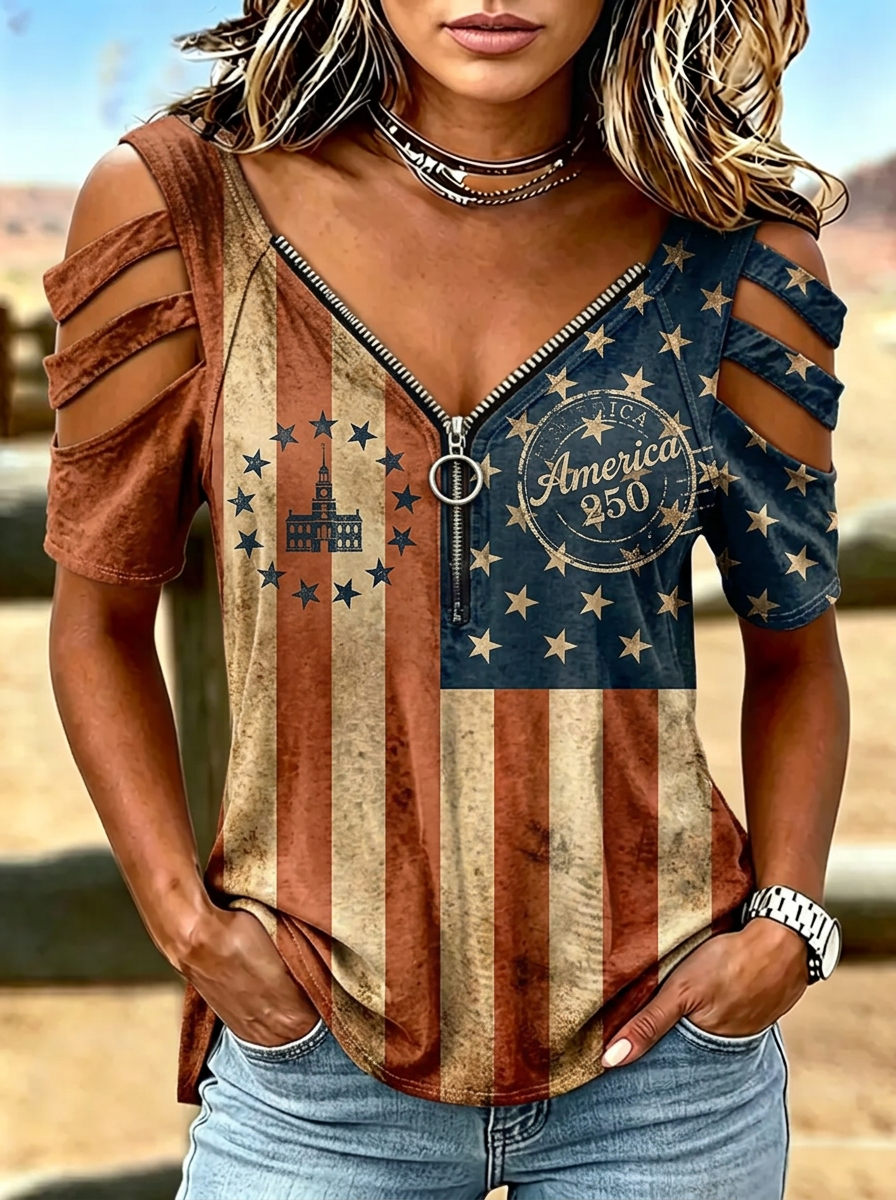 Women's Western Independence Day America 250 Flag Printed Zip T-shirt