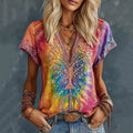 Women's Hippie Vintage Tree Of Life Sun Moon Peace Tie Dye Linen Blend Top