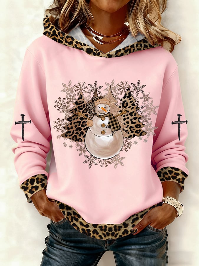 Women's Casual Leopard Print Snowman Hoodie