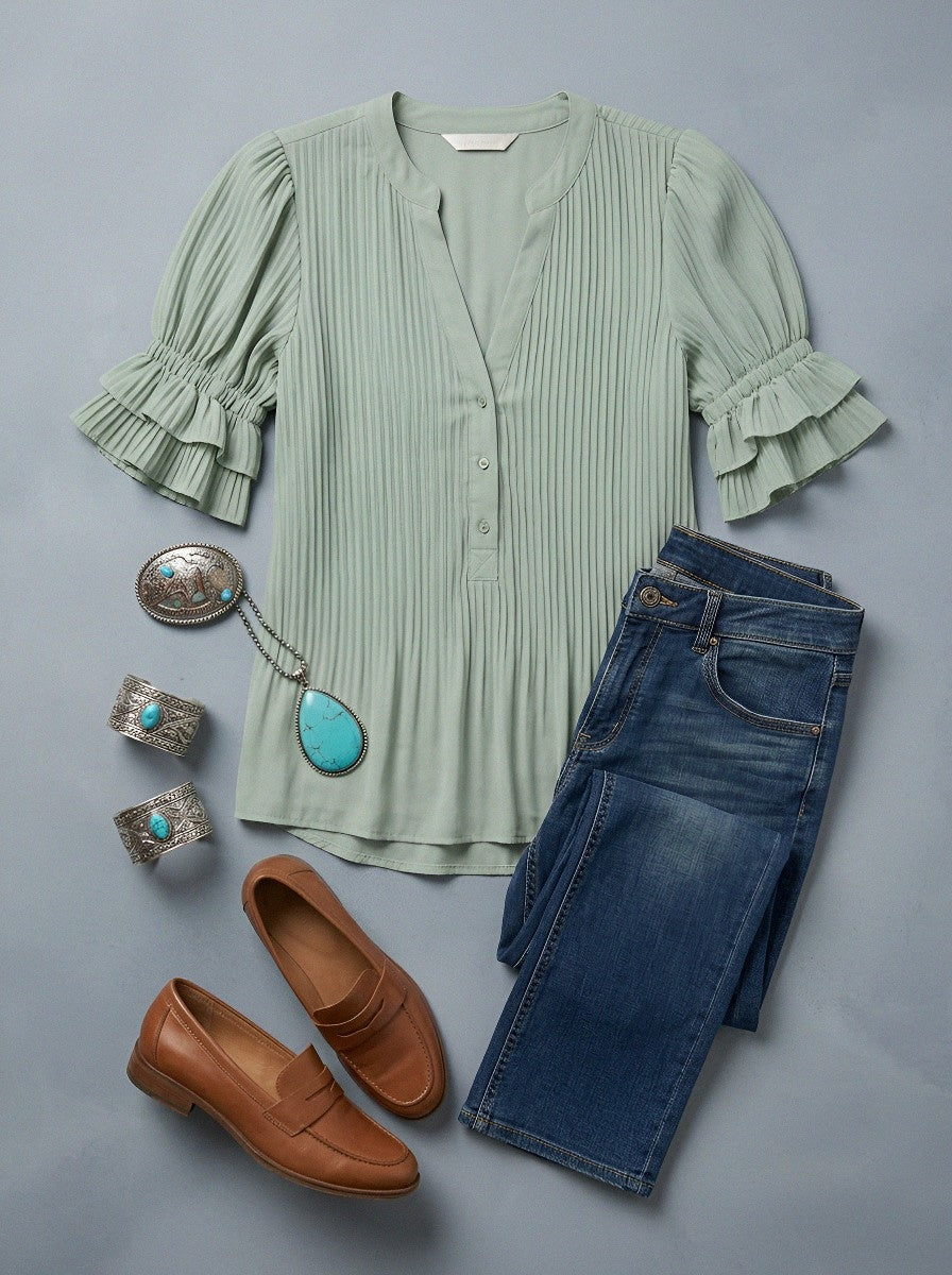 Women's Western Vintage Ruffle Sleeve Pleated Button-Down Top
