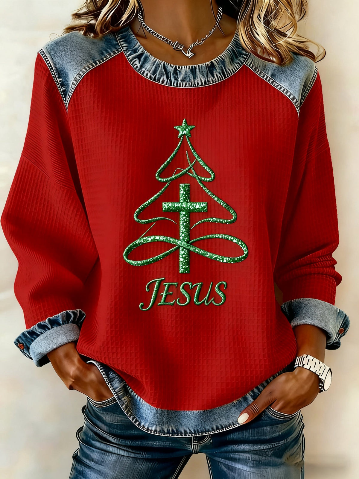 Women's Casual Faith Print Patchwork Sweatshirt