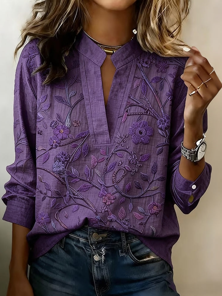 Women's Casual Retro Purple Artistic Art Print Cotton Shirts